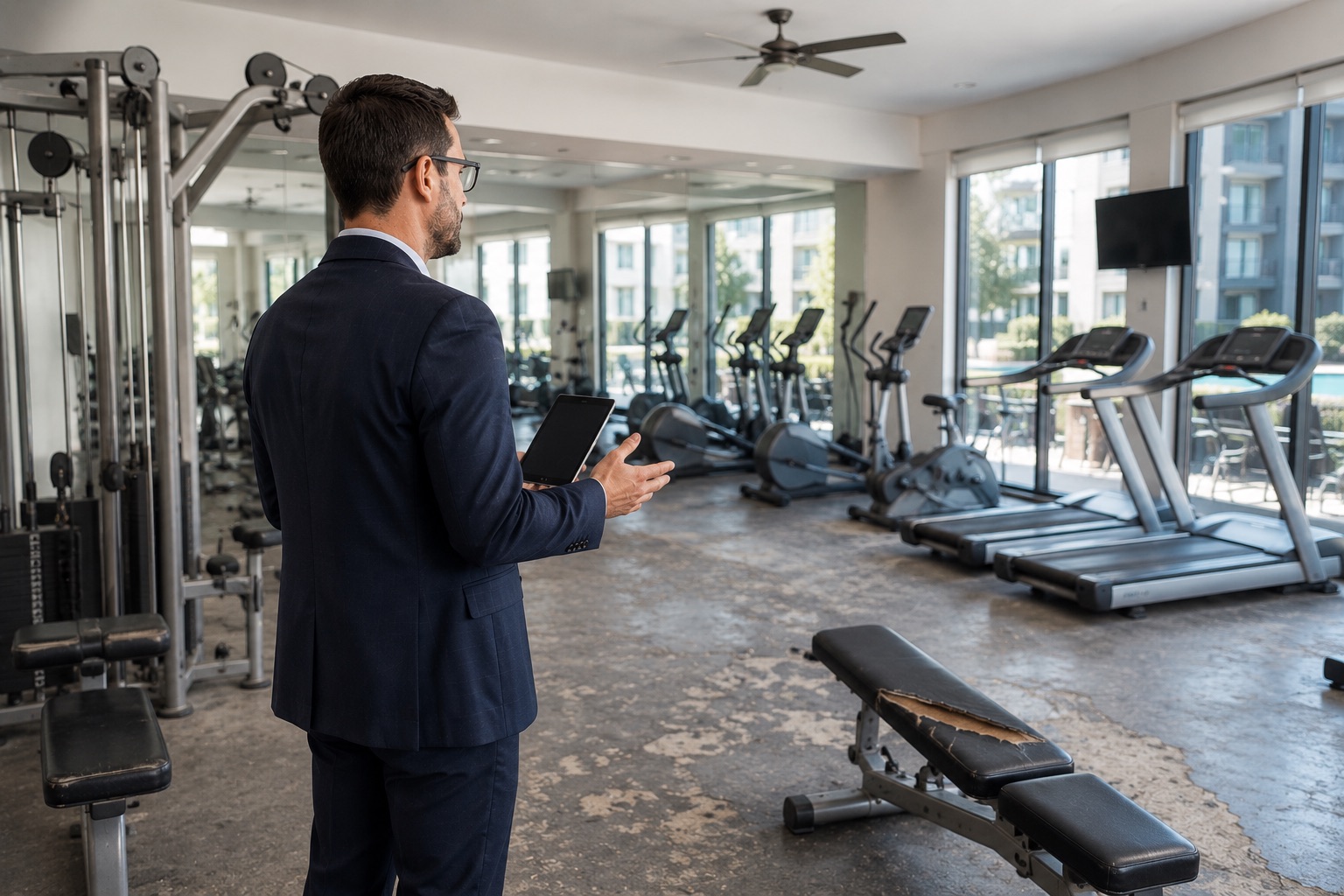 Worn-out fitness equipment in a community gym, including a torn weight bench.