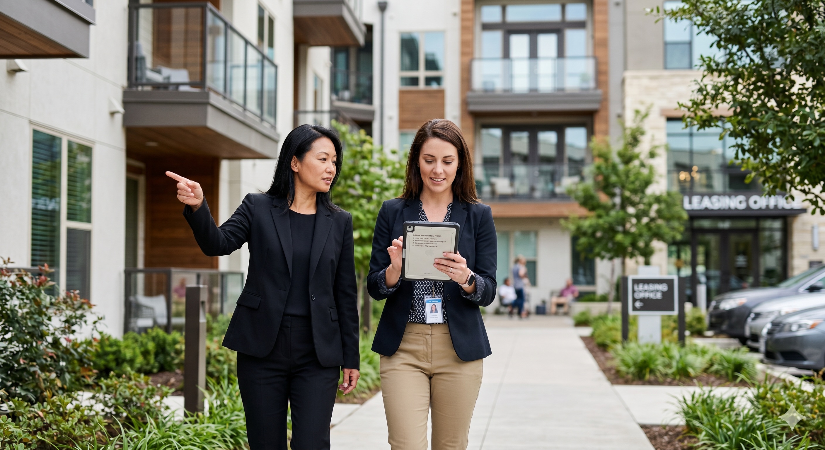Two asset managers walking past a leasing office, reviewing inspection items on a tablet.