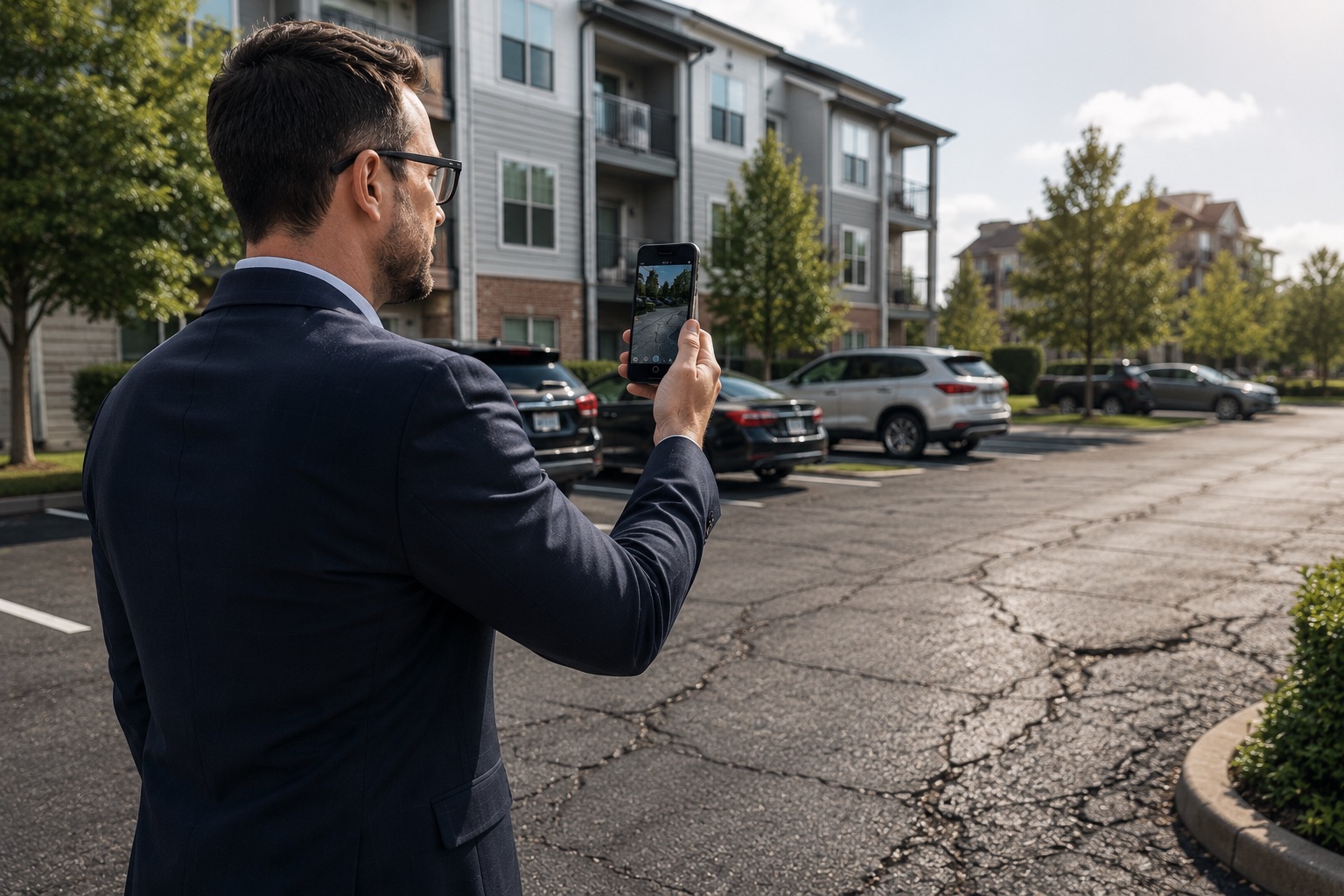 Cracked asphalt and pothole in a multifamily parking lot.