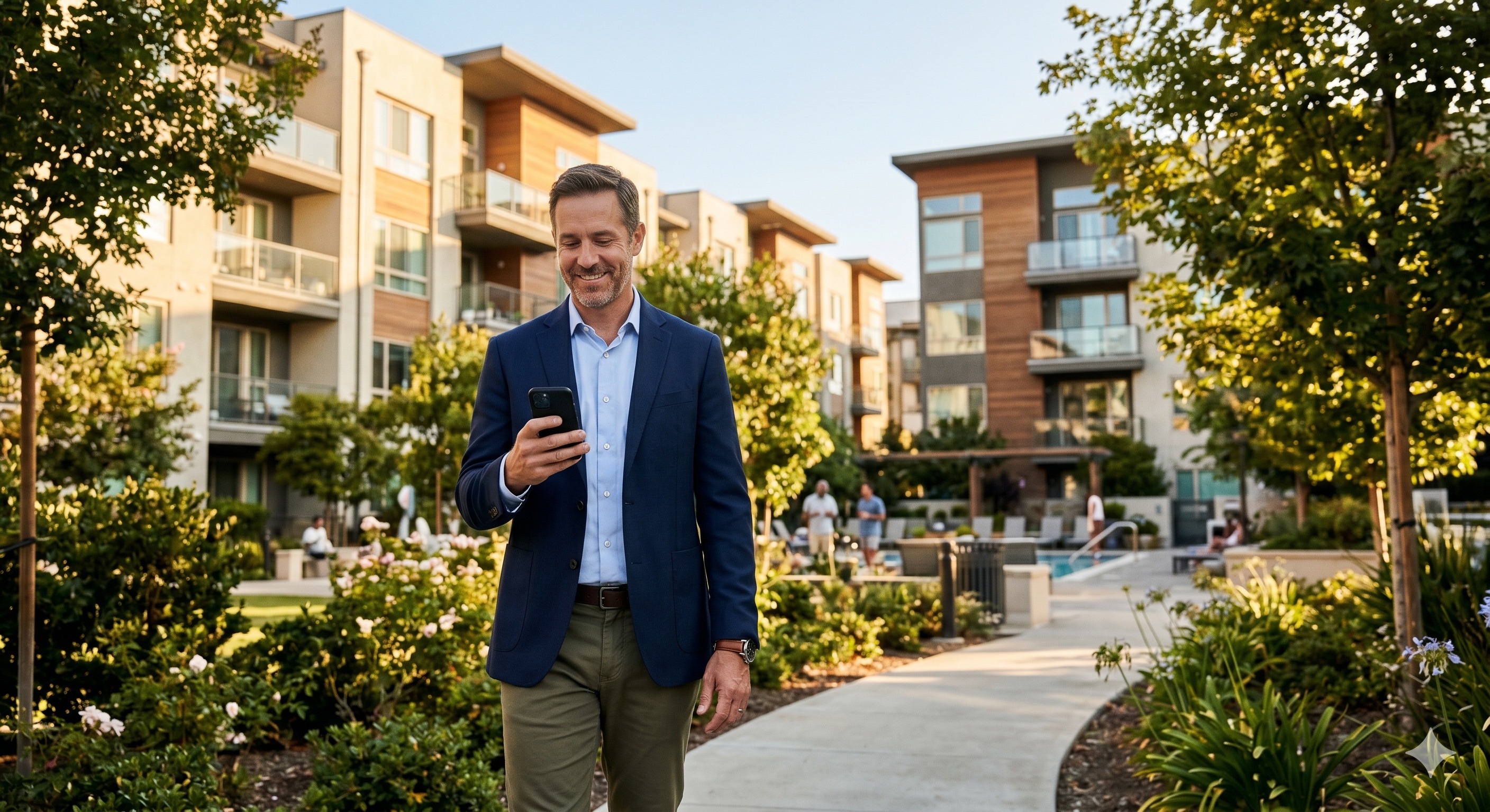 Asset manager walking a multifamily community with a phone, recording observations.