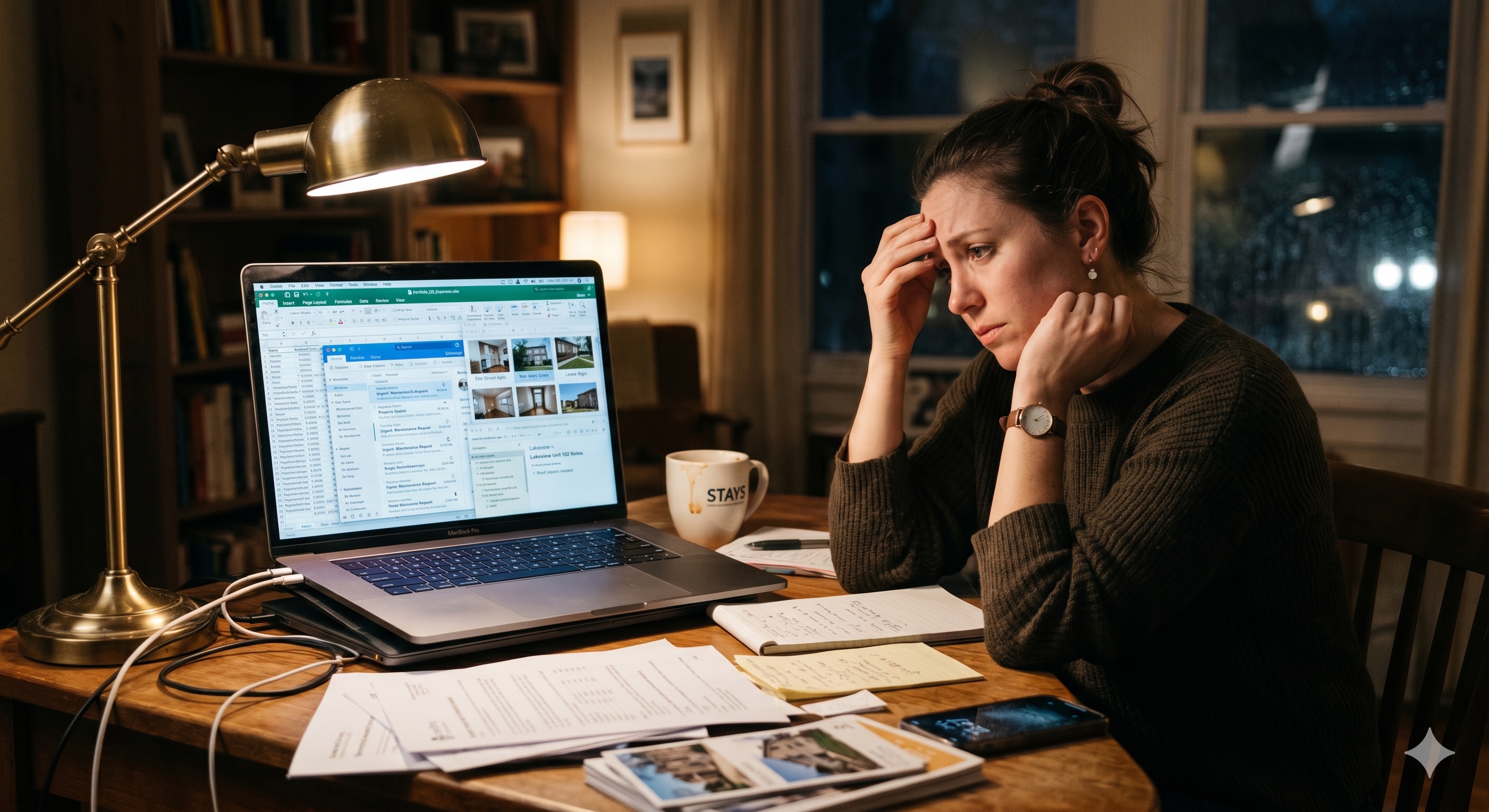 Asset manager at a desk late at night, surrounded by spreadsheets, reports, and notes.