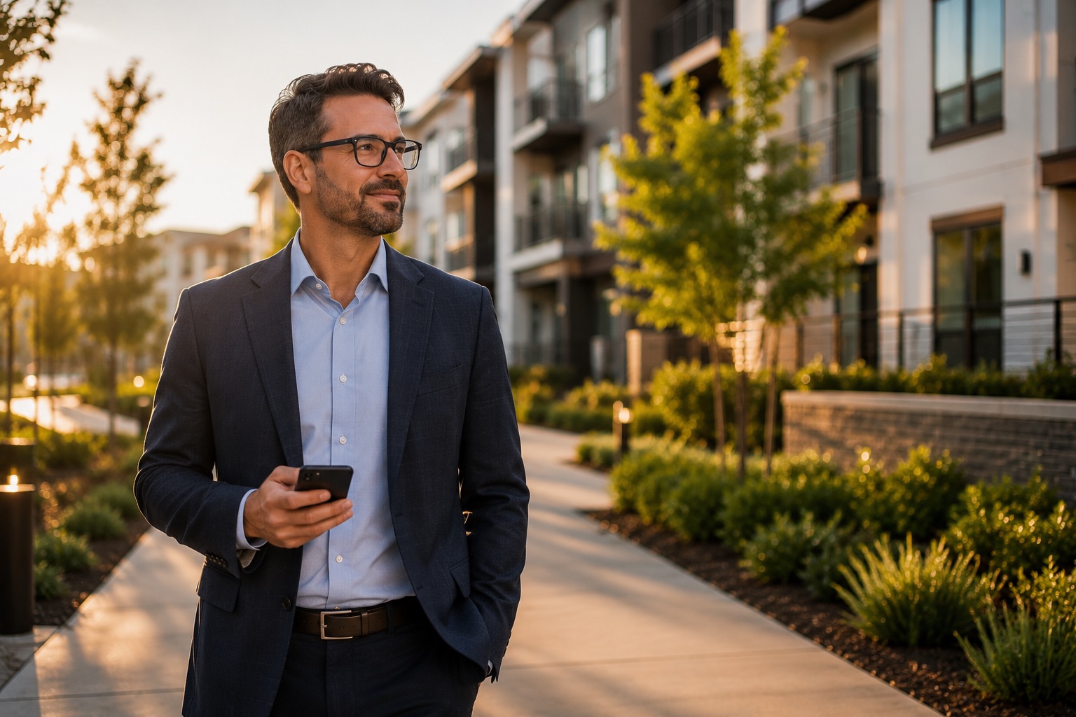 Asset manager walking a multifamily community at golden hour, phone in hand.